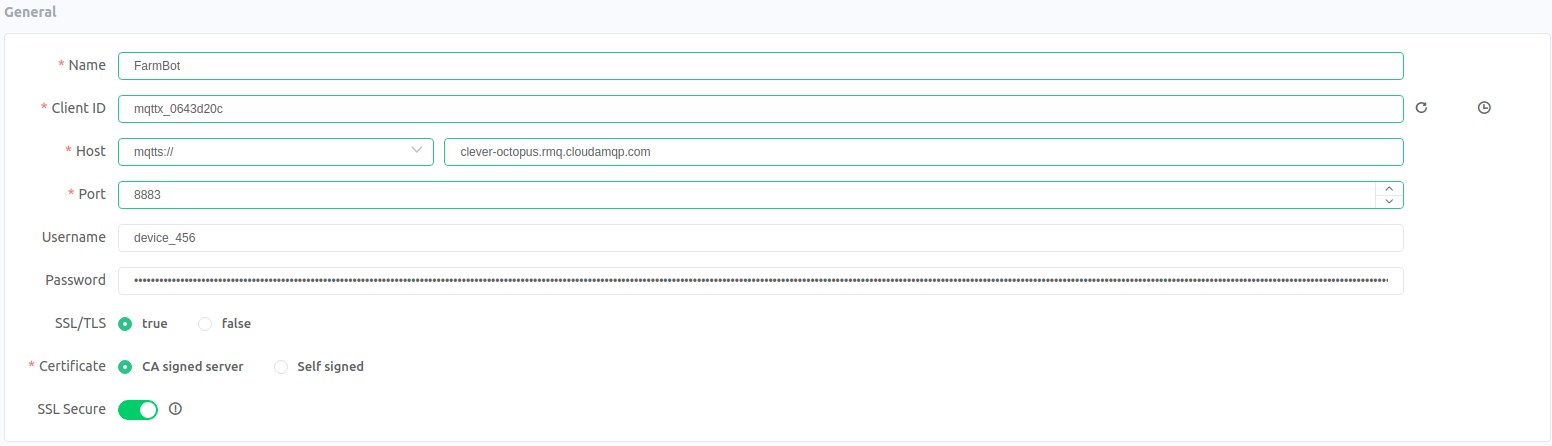A screenshot of MQTTx with credentials filled in. A screenshot of MQTTx with credentials filled in.