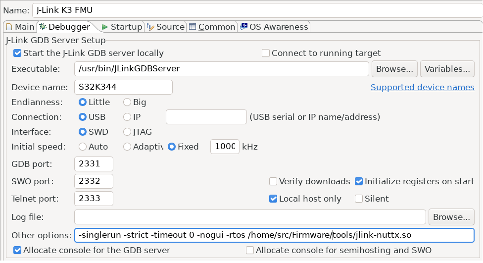 Eclipse: GDB Segger 调试配置支持 RTOS：调试器选项卡